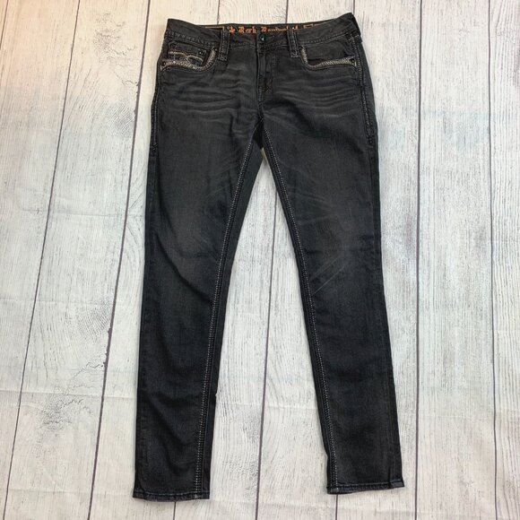 Rock Revival Clair Jeans sz 30 Easy Skinny Inseam 32" Embellished Faded Black - Picture 1 of 16